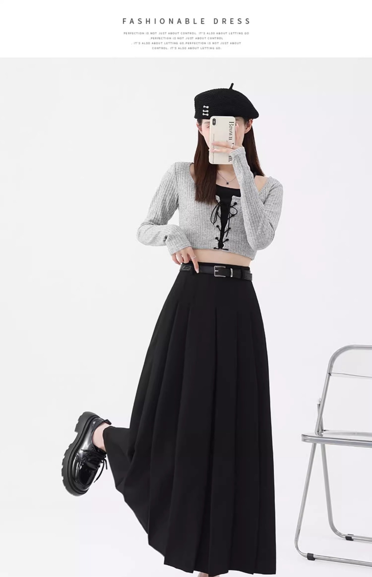 灰色半身裙女2025夏季新款高腰遮胯A字伞裙中长款春秋西装百褶裙详情19