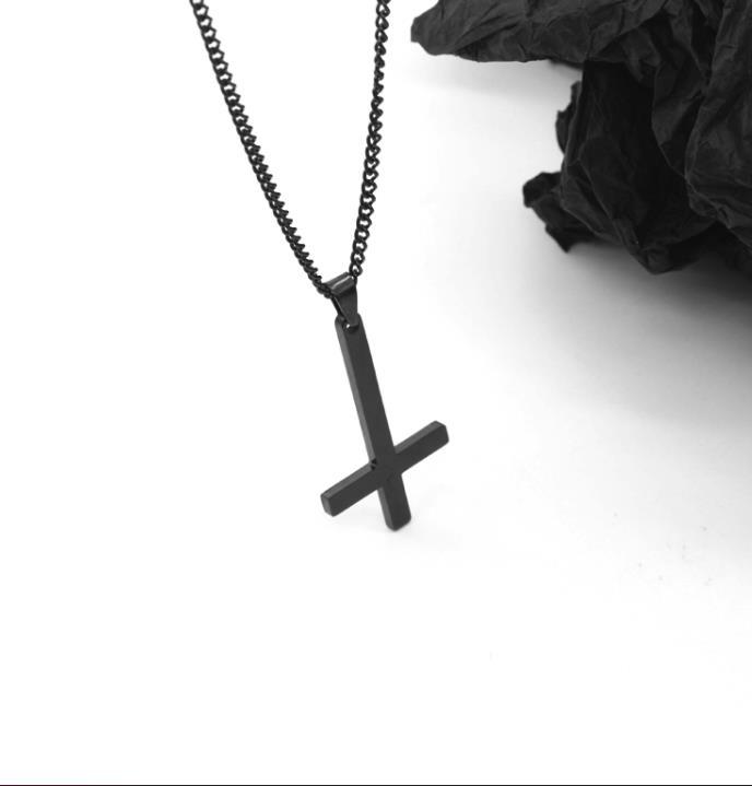 Black inverted cross necklace for boys, titanium steel pendant for girls, simple and stylish white willow accessories for trendy men pic 5