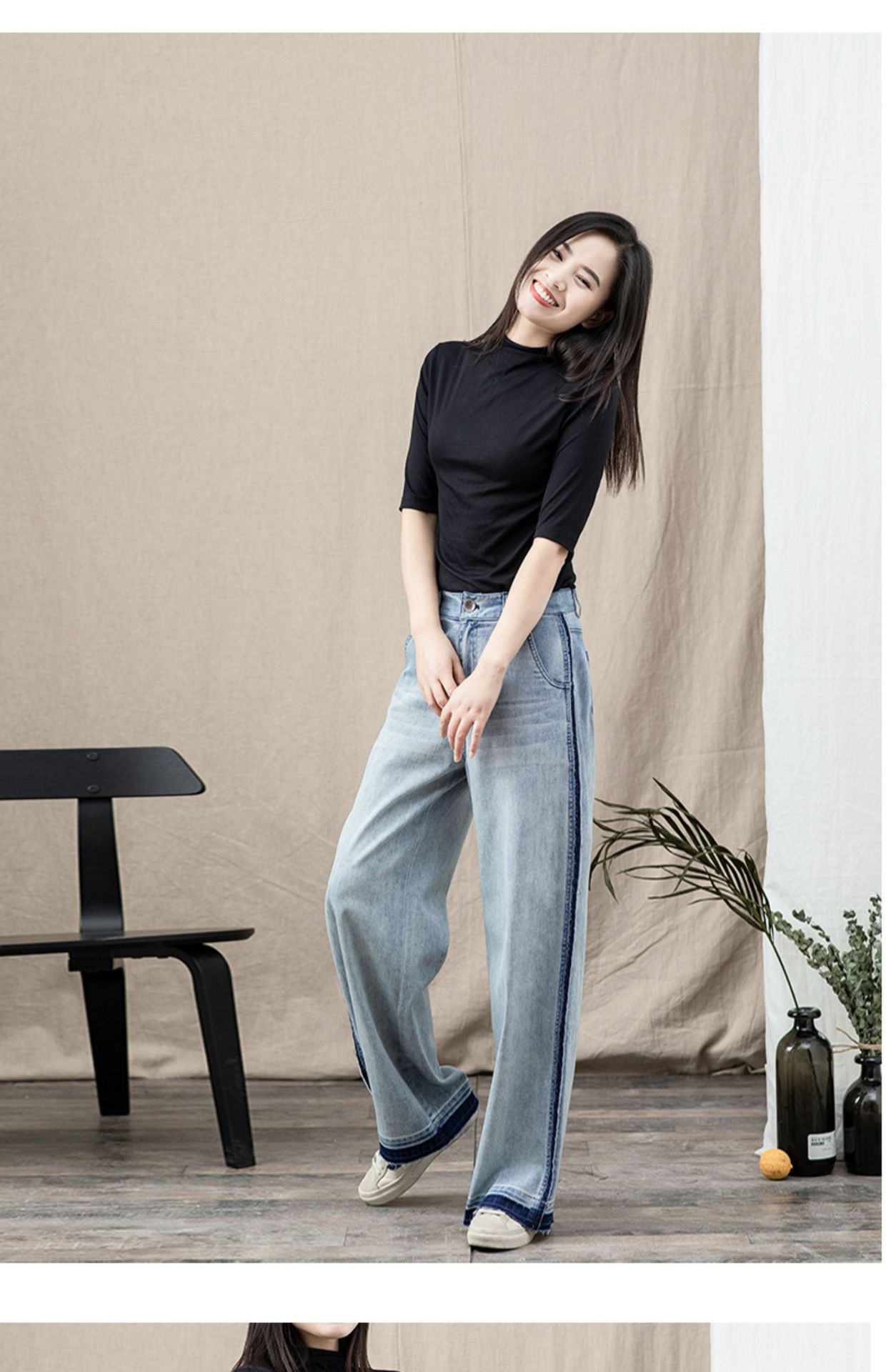 撞色直筒牛仔裤女2025春季新款毛边复古宽松休闲阔腿腿长详情15