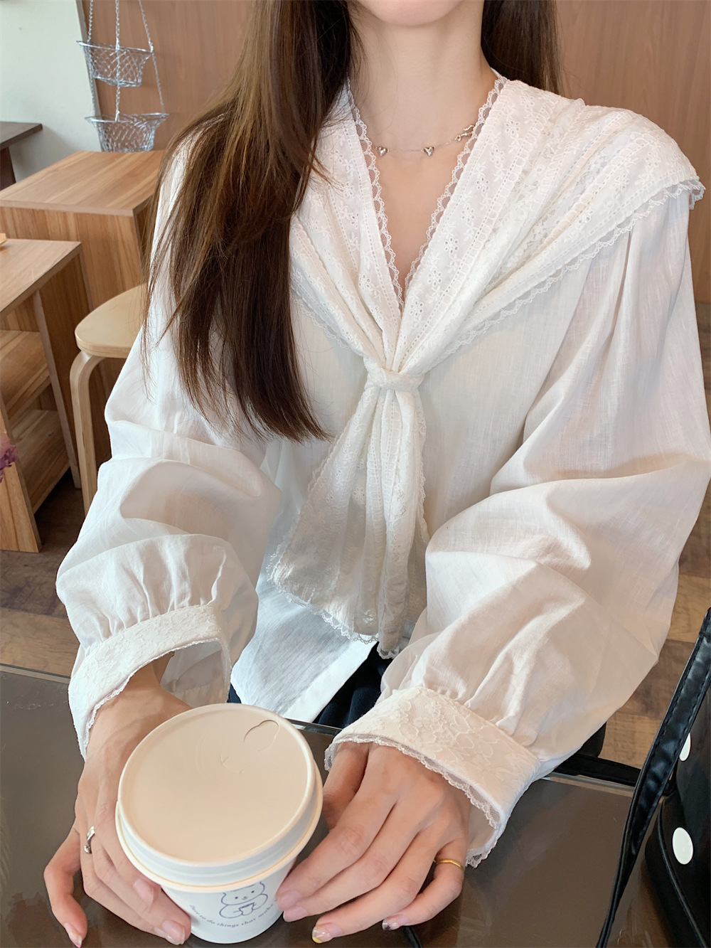 新中式复古蕾丝花边海军领衬衫女春季小众别致宽松长袖雪纺衫上衣潮详情5