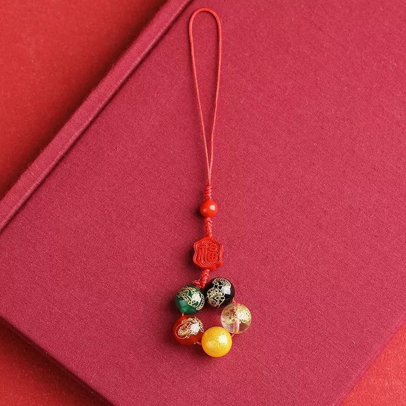 Live-streaming supply: Five Paths of Wealth God mobile phone chain Pendants, cinnabar lucky bag pendants, couple keychains, traditional Chinese style Zen for men and women pic 3