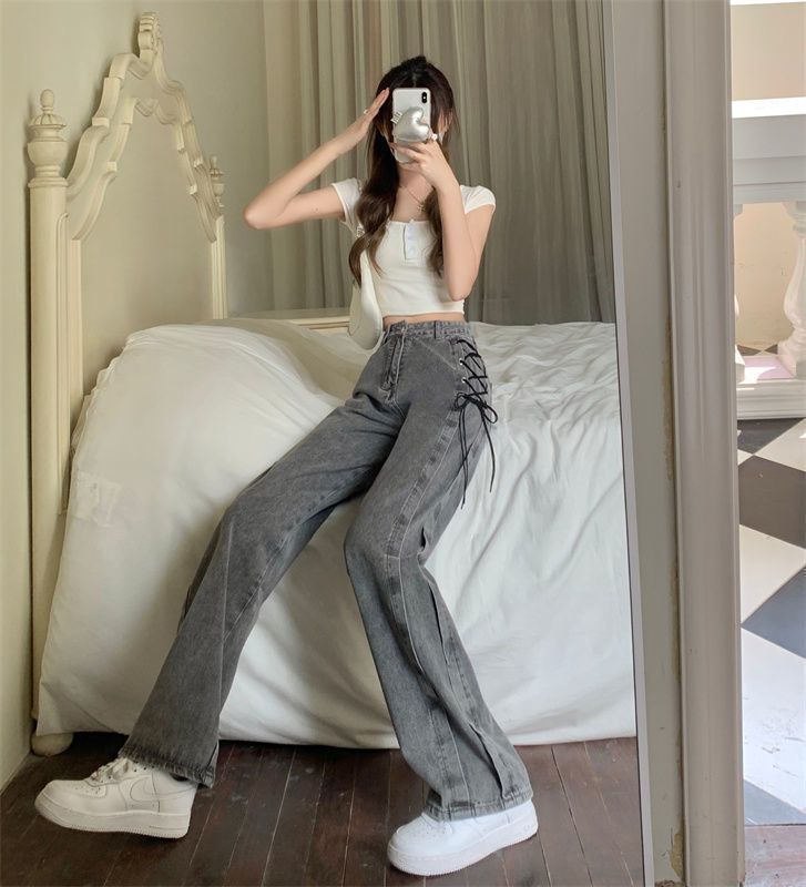 烟灰色直筒牛仔裤女2024春秋新款窄版阔腿裤高腰显瘦百搭烟管裤XH详情3