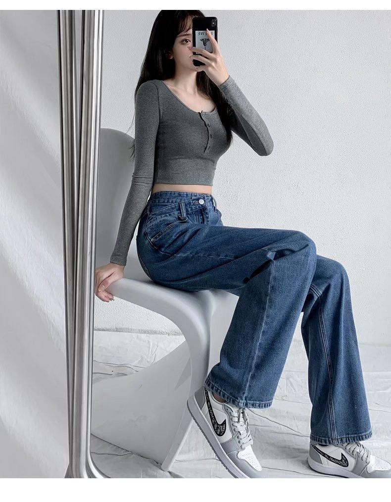 Irregular loose straight-leg jeans are versatile for women. Regular slanted high-waisted pants that make you look petite. Wide-leg floor-length pants pic 20