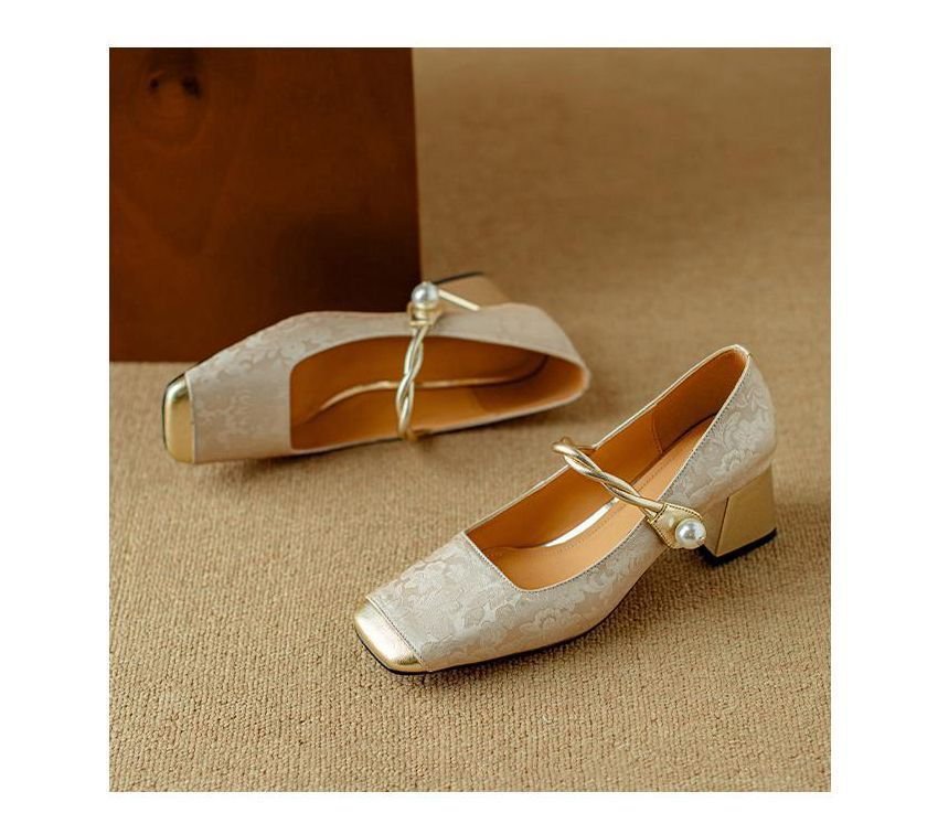 春季高跟鞋女一字带单鞋新中式国风拼色方头玛丽珍鞋法式珍珠粗跟详情6