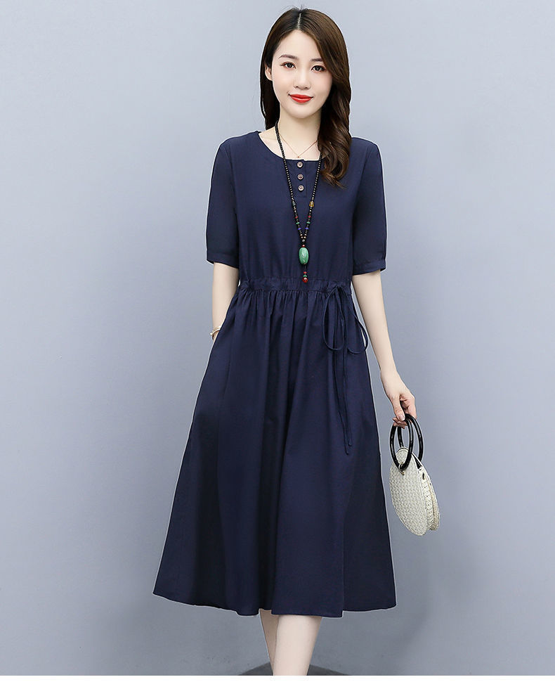 Mid-length cotton and linen dress for women, new summer 2024, high-end and elegant, waist-cinching, slimming and belt-covering A-line dress pic 21