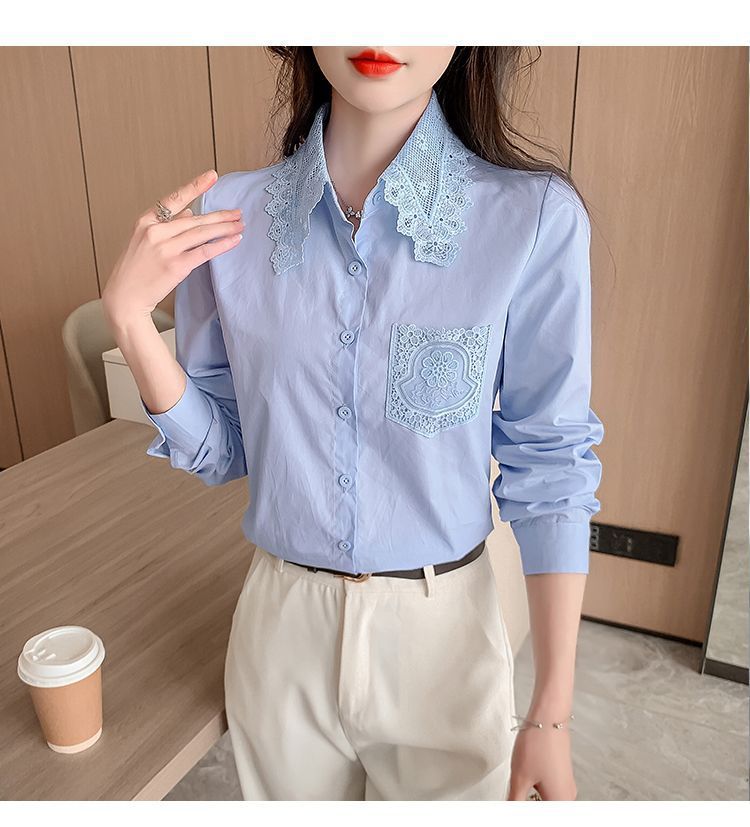 春秋季2025年新款女装时尚减龄纯棉衬衫女洋气全棉蕾丝领休闲上衣详情25