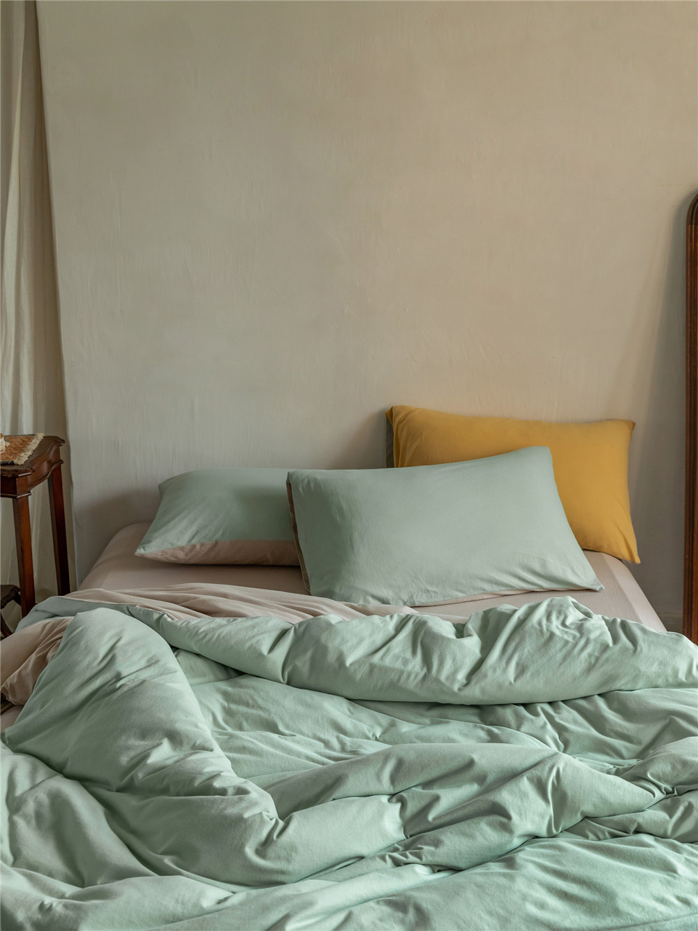 ins Japanese-style solid color all-cotton knitted cotton four-piece set, skin-friendly nude sleeping plain double-layer Indian cotton bed sheet pic 160