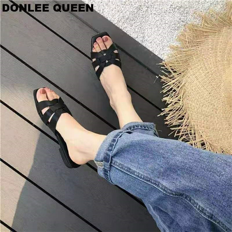 外贸大码女鞋低跟Women slippers欧美方头平底沙滩一字女士半拖鞋详情2