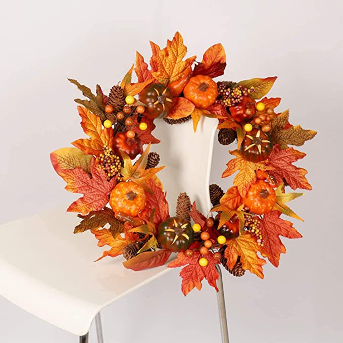 厂家定制秋季南瓜枫叶花环感恩节万圣节门饰花环藤条藤圈家居装饰详情4