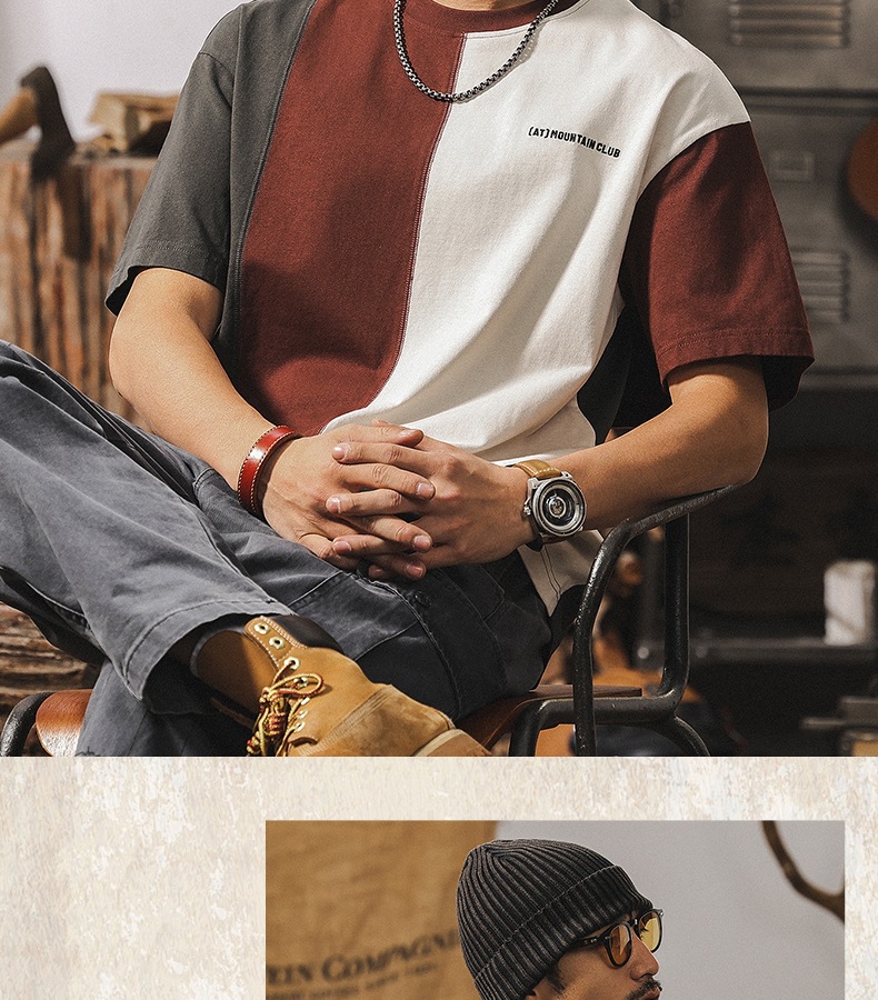 拼接撞色设计短袖男夏季2025新款美式复古重磅T恤男纯棉宽松上衣详情11