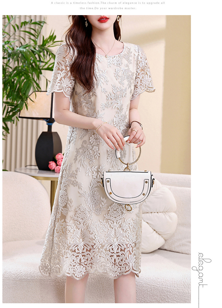 绣花短袖连衣裙女2025夏季新款时尚气质高级感洋气宽松圆领连衣裙详情19