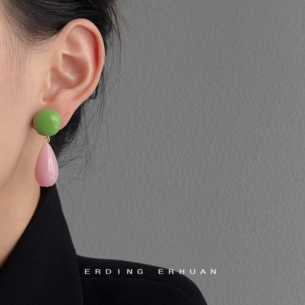 New Chinese-style teardrop-shaped color-blocking earrings, fresh peach pink and green, retro Hong Kong style, high-end, exaggerated large earrings for women pic 6