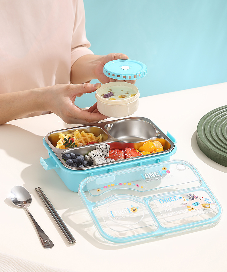 Estudiante con dip box nuevo plato de acero inoxidable comida ligera caja de bento sellada split box lunch cuadrado lunch box plástico pic 12