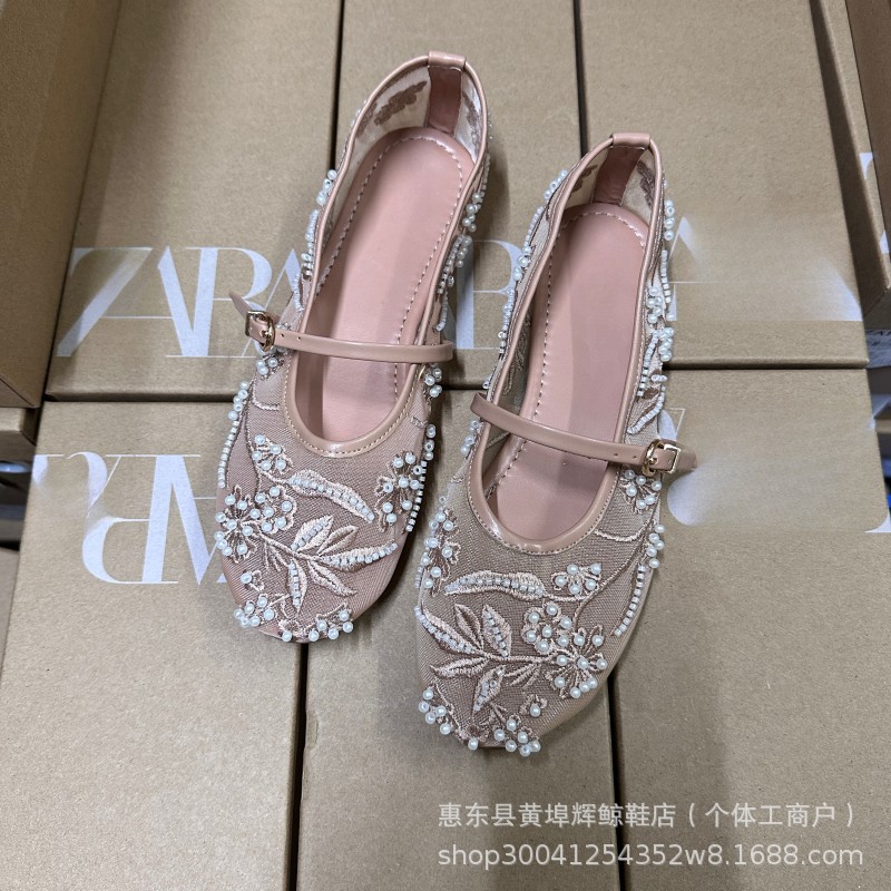 ZA新款白色刺绣珍珠网纱平底单鞋圆头芭蕾舞鞋女玛丽珍女鞋详情9