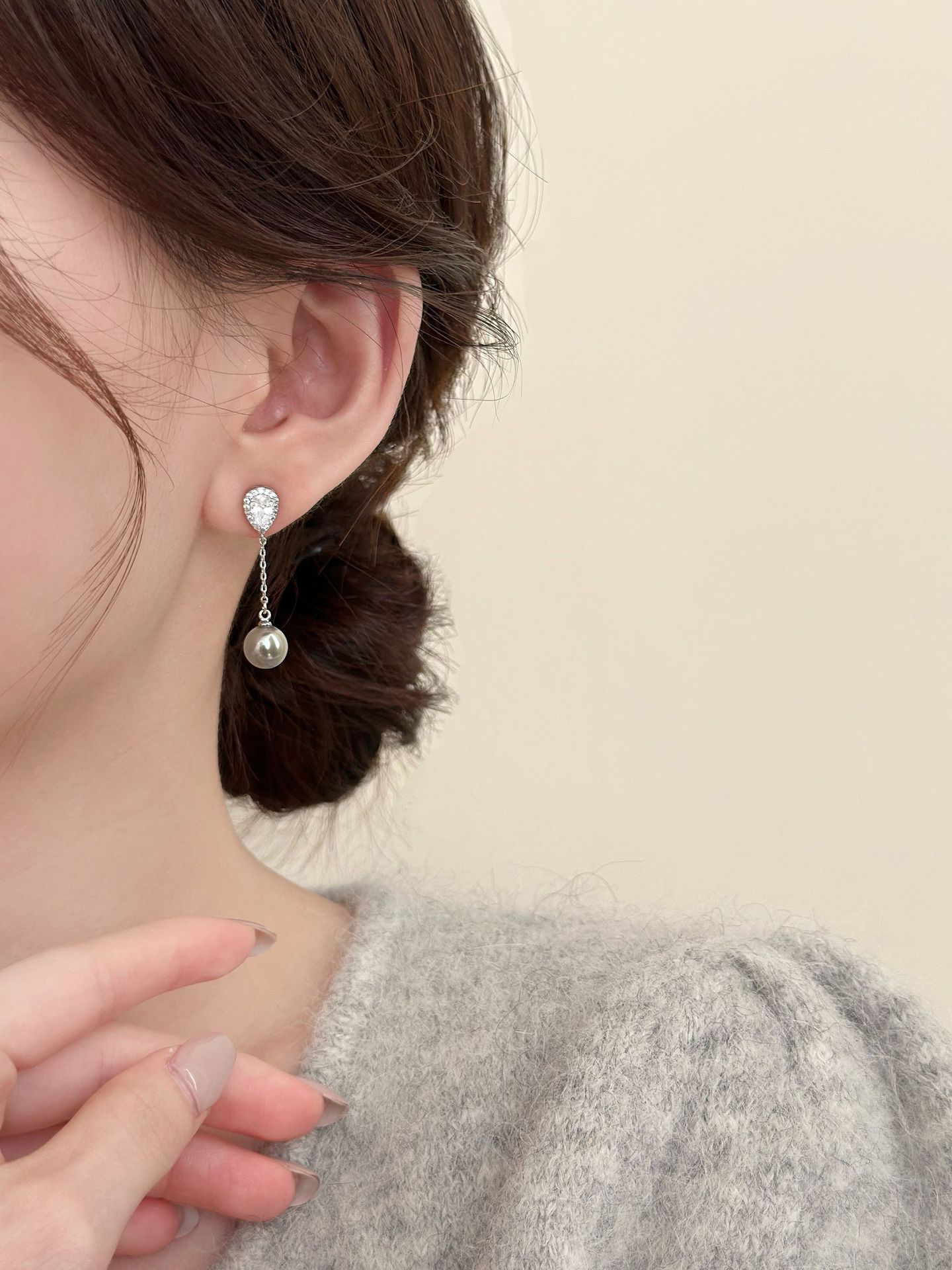 银针轻奢锆石水滴珍珠款流苏耳钉法式气质百搭耳环简约高级感耳饰详情13
