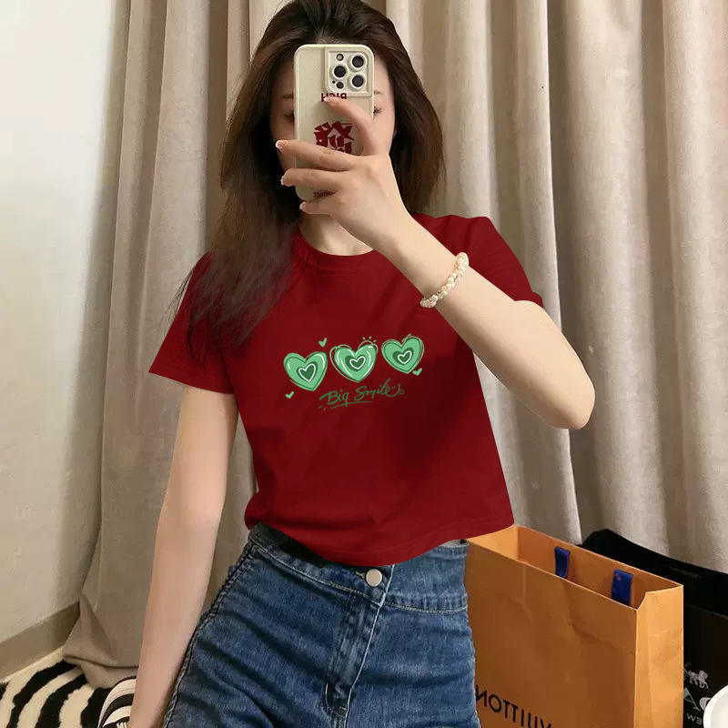 Pure cotton short-sleeved T-shirt for women, new summer style, high-waisted short, spicy girl style, slimming and petite, round-neck base layer pic 9