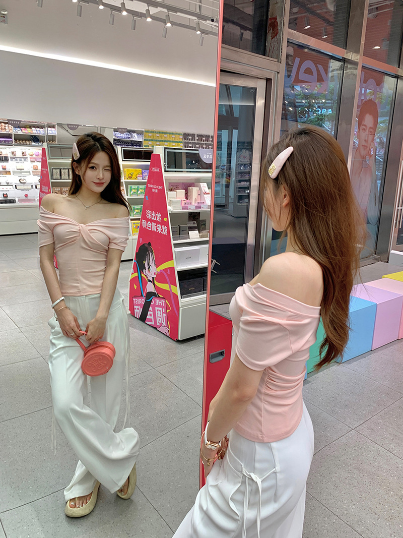 雅姿欣设计感白色短袖T恤两穿修身辣妹百搭显瘦内搭上衣女一字肩详情6
