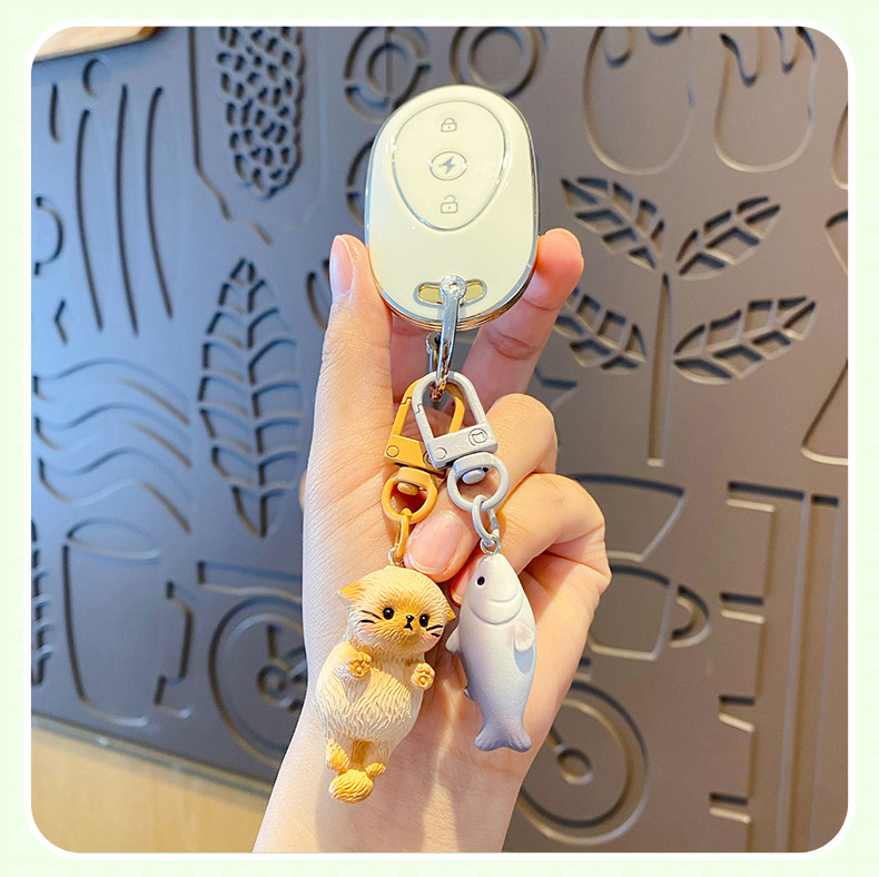 原创小馋猫情侣对扣钥匙扣女可爱卡通小猫吃鱼情侣钥匙链书包挂件详情16