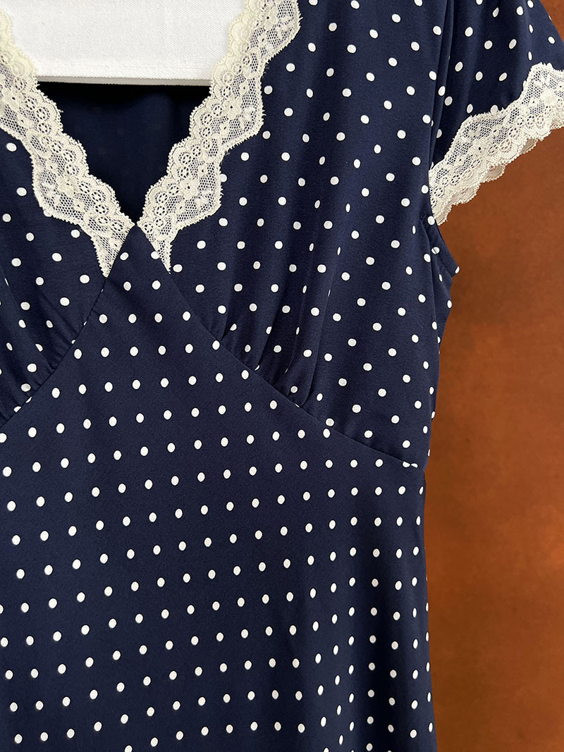 鹿西 法式蕾丝花边拼接连衣裙夏季V领气质波点收腰显瘦长裙子8677详情45