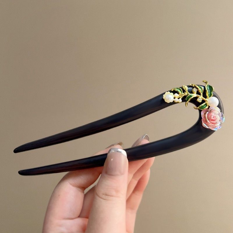 New Chinese style - Wooden hairpins, U-shaped double hairpins, flower hairpins, daily updo hairpins, ancient-style Hanfu cheongsam headwear for women pic 2