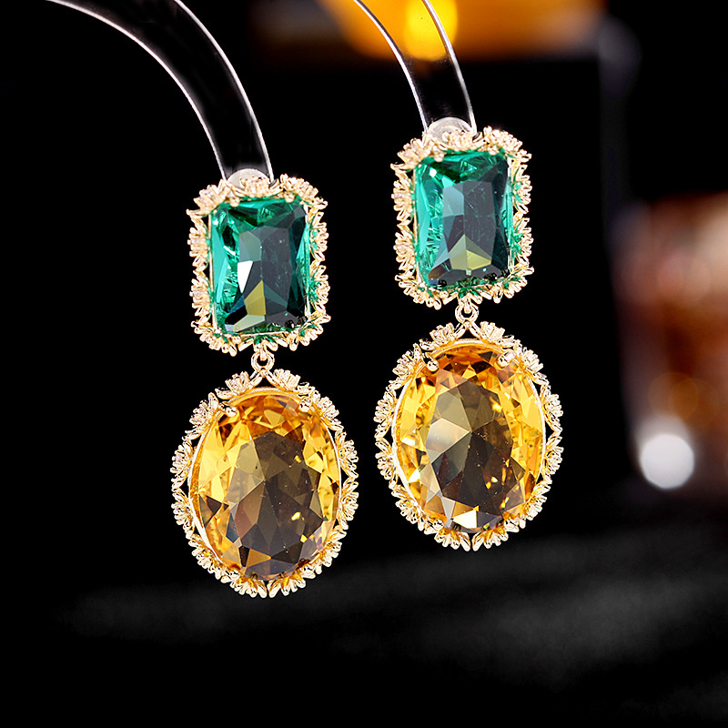 Summer Korean Heavy Industry colorful crystal simple earrings, fashionable silver needle color preservation real gold, popular geometric zircon earrings pic 5