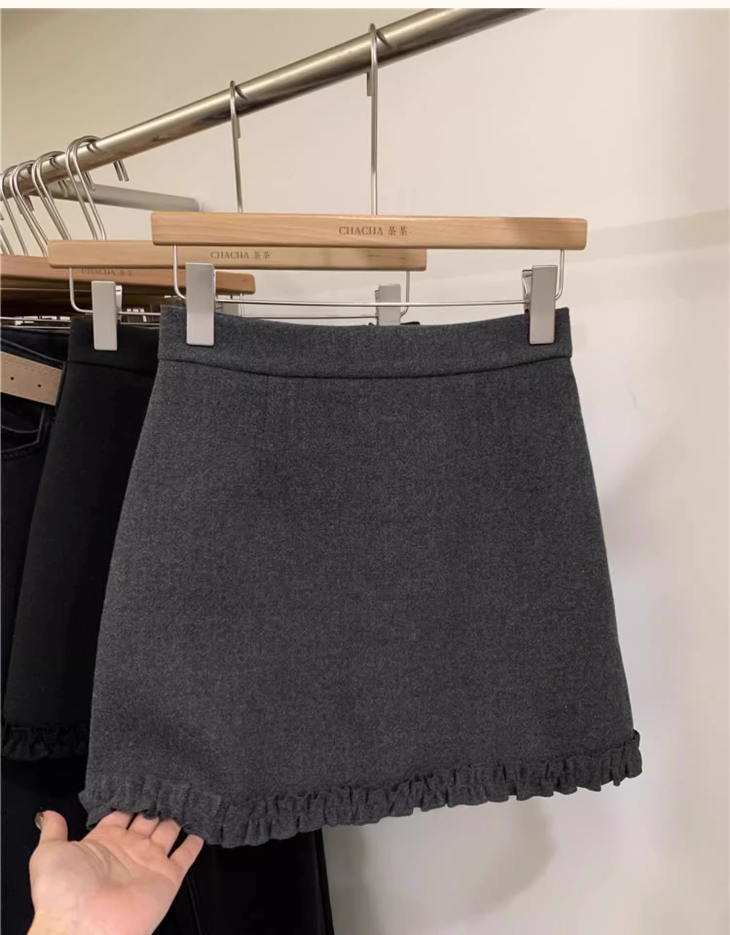 灰色毛呢半身裙女2025秋冬高腰a字包臀裙花边拼接显瘦短裙小个子详情10