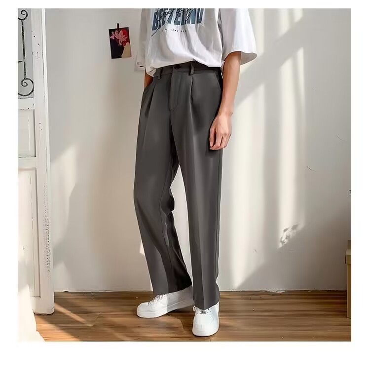 Primavera verano simple recto caída sentido mop pantalones para hombres holgada versión coreana caída sentido pantalones pantalones casuales de pierna ancha vestido formal pic 9