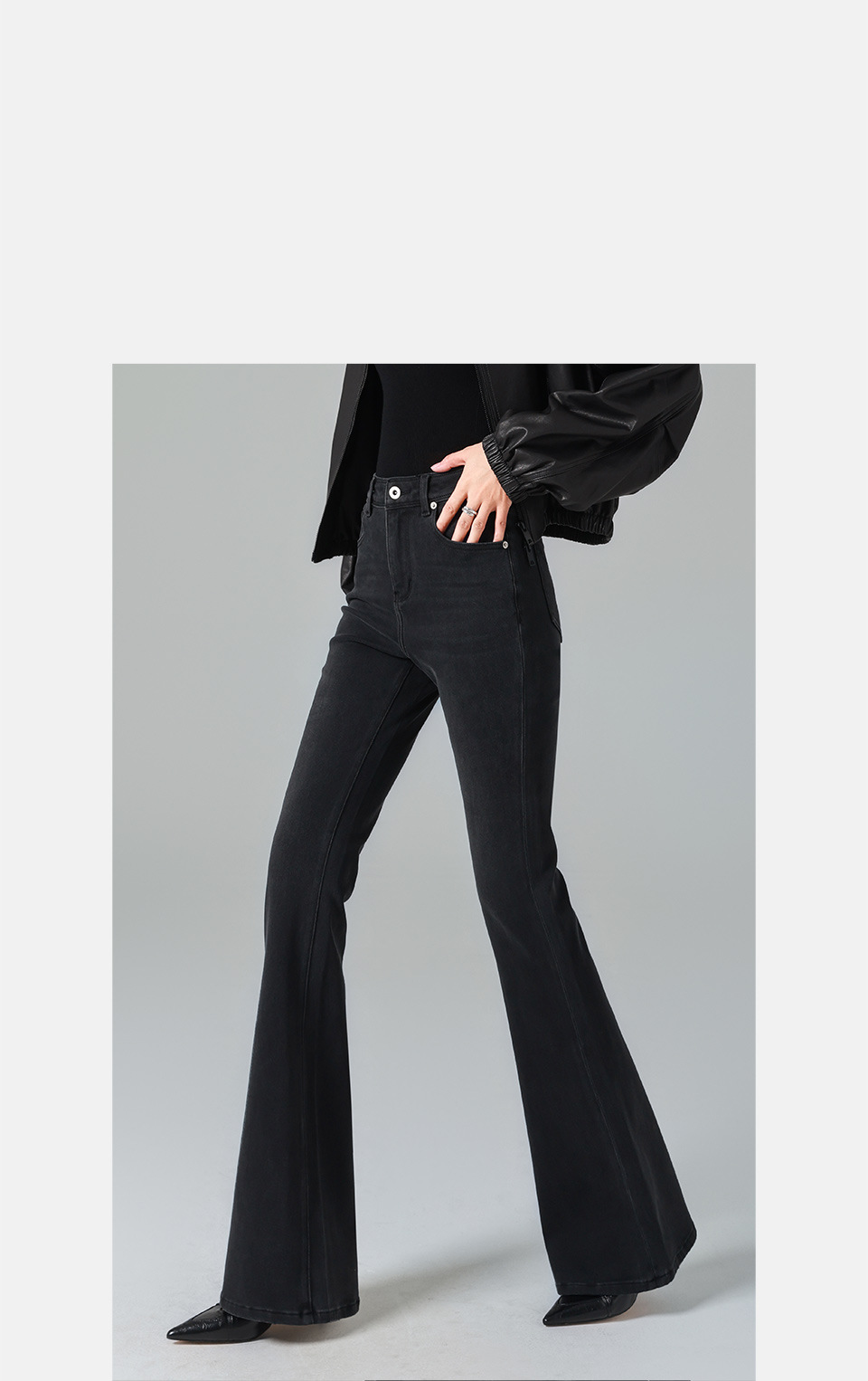 Fleece/black and gray high-waisted Jeans for women, slightly flared, four-sided elastic, slimming, 25 autumn and winter new, lifting the buttocks, tight pic 25