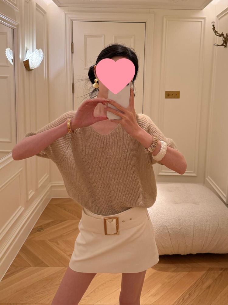 韩系气质高级感卡其色针织衫T恤女夏季高腰显瘦白色A字短裙两件套详情4