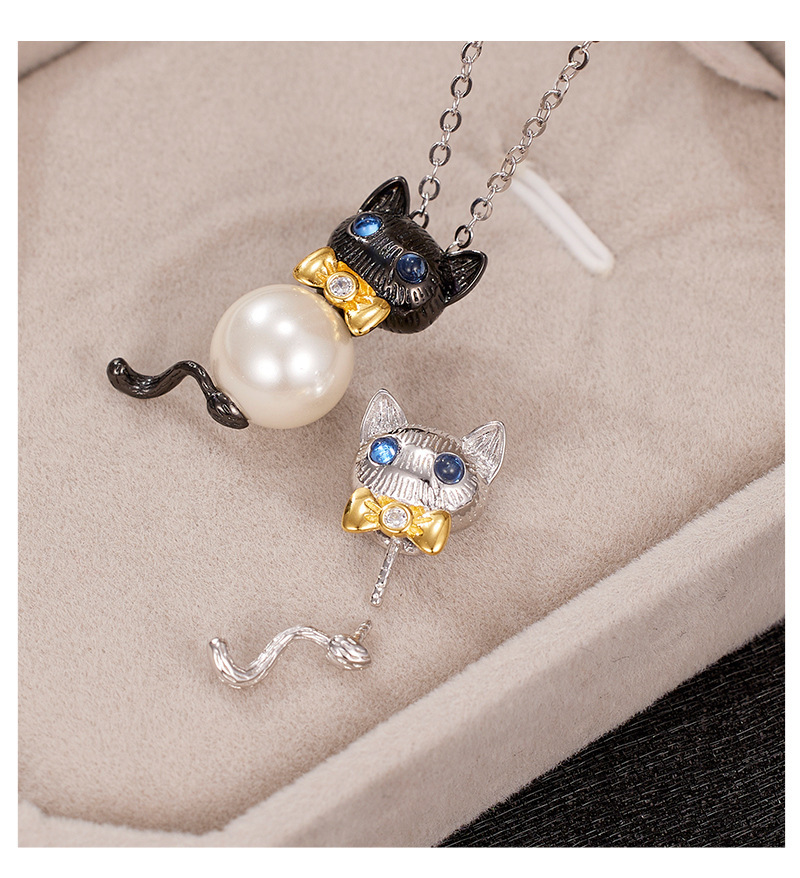 S925 sterling silver Little Cat pendant, a niche design for women with a sense of high-end color contrast pendant, DIY accessory, silver empty stand pic 6