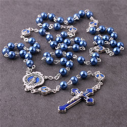 Cross-border Cross Necklace, retro royal blue alloy cross pendant Rosary Beads necklace pic 5