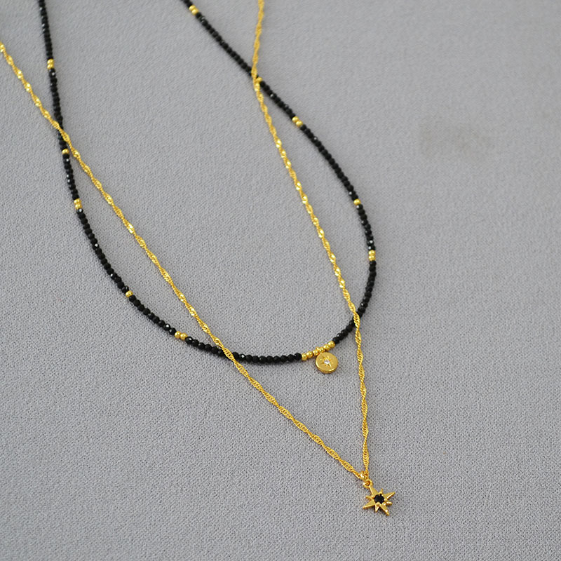 法式小众设计复古黑尖晶串珠星星吊坠双层链条叠戴简约气质项链女详情4