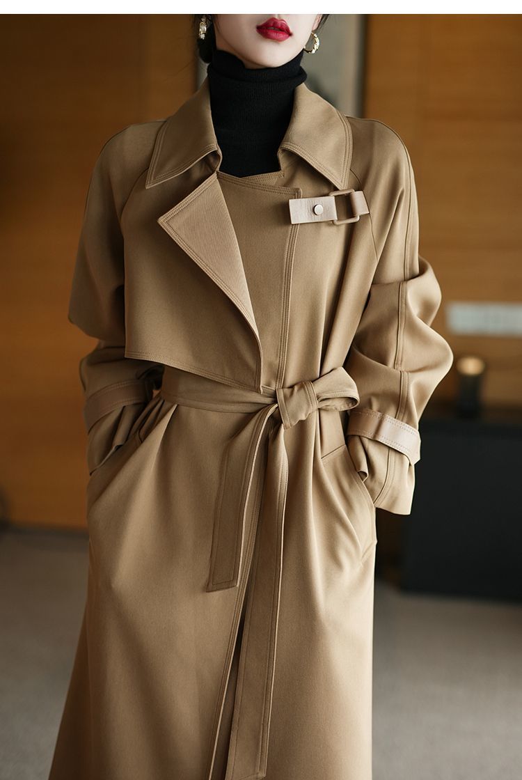 High-end and elegant long khaki trench coat for women in spring 2025, a loose, wrinkle-resistant and drape British style coat pic 7