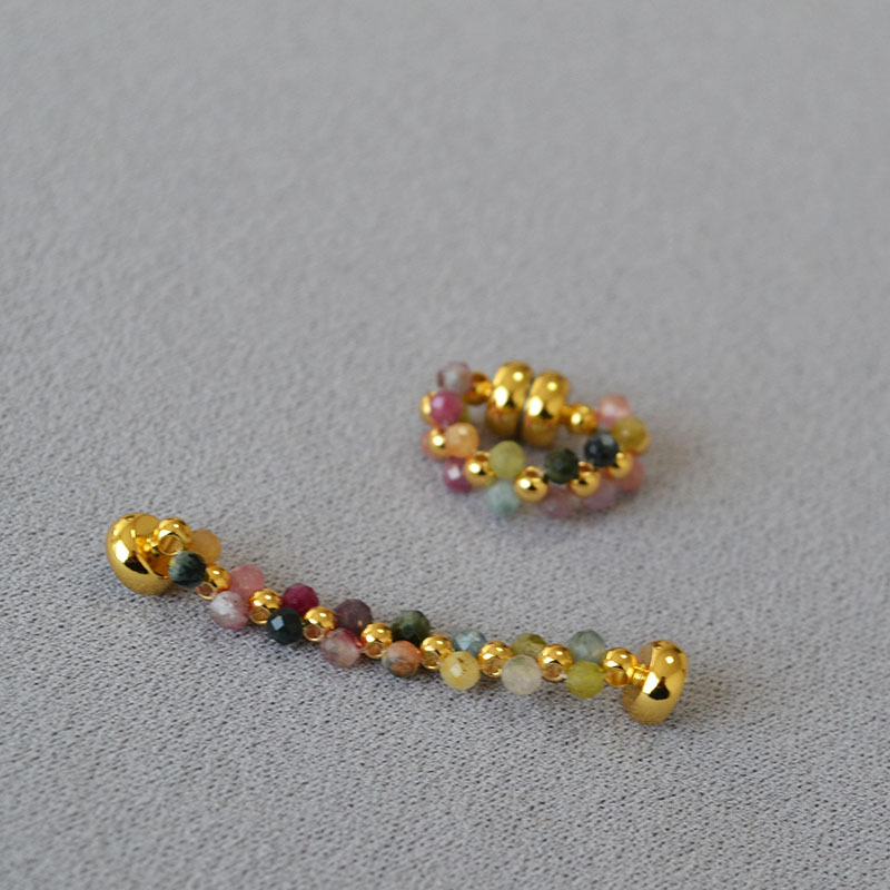 日韩小众设计手工编织彩色碧玺串珠磁吸扣甜美耳环耳饰无需耳洞详情7