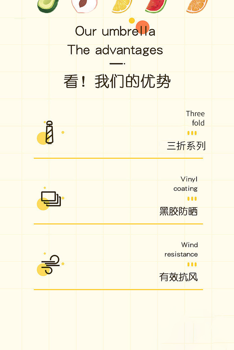 水果伞全自动雨伞三折黑胶防紫外线遮阳伞晴雨两用小清新太阳伞详情3