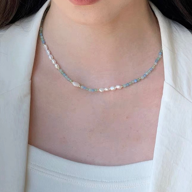 海蓝宝天然石贝母幸运草项链气质淡水珍珠贝壳蓝绿串珠小清新项链详情12