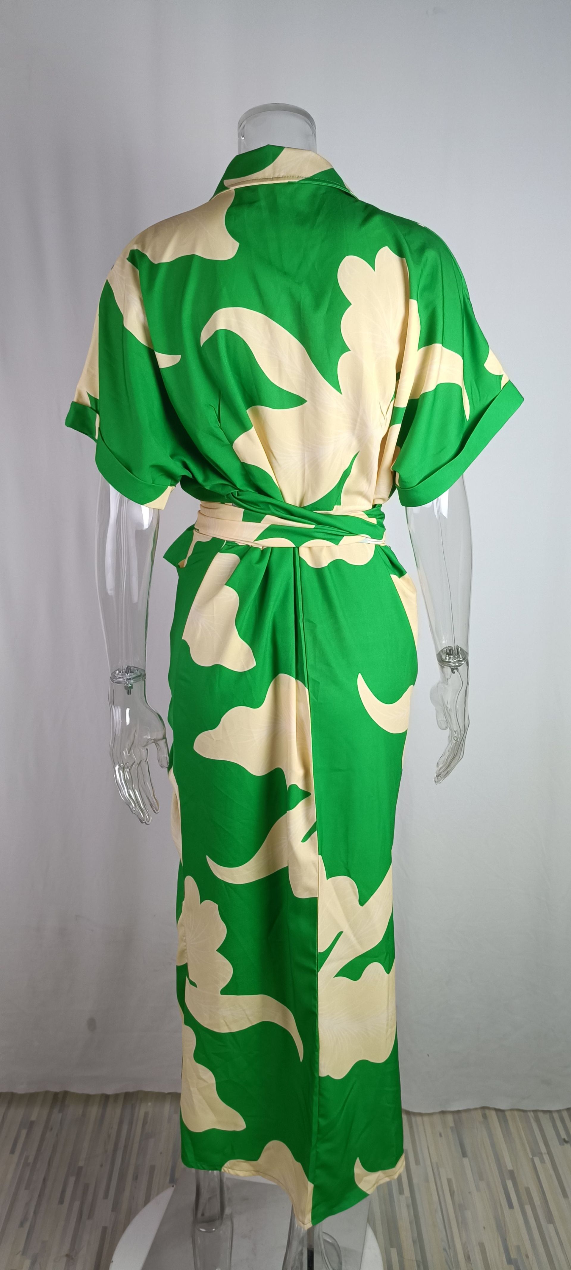Printed Lapel Short-Sleeved High-Waisted Long Shirt Dress详情9