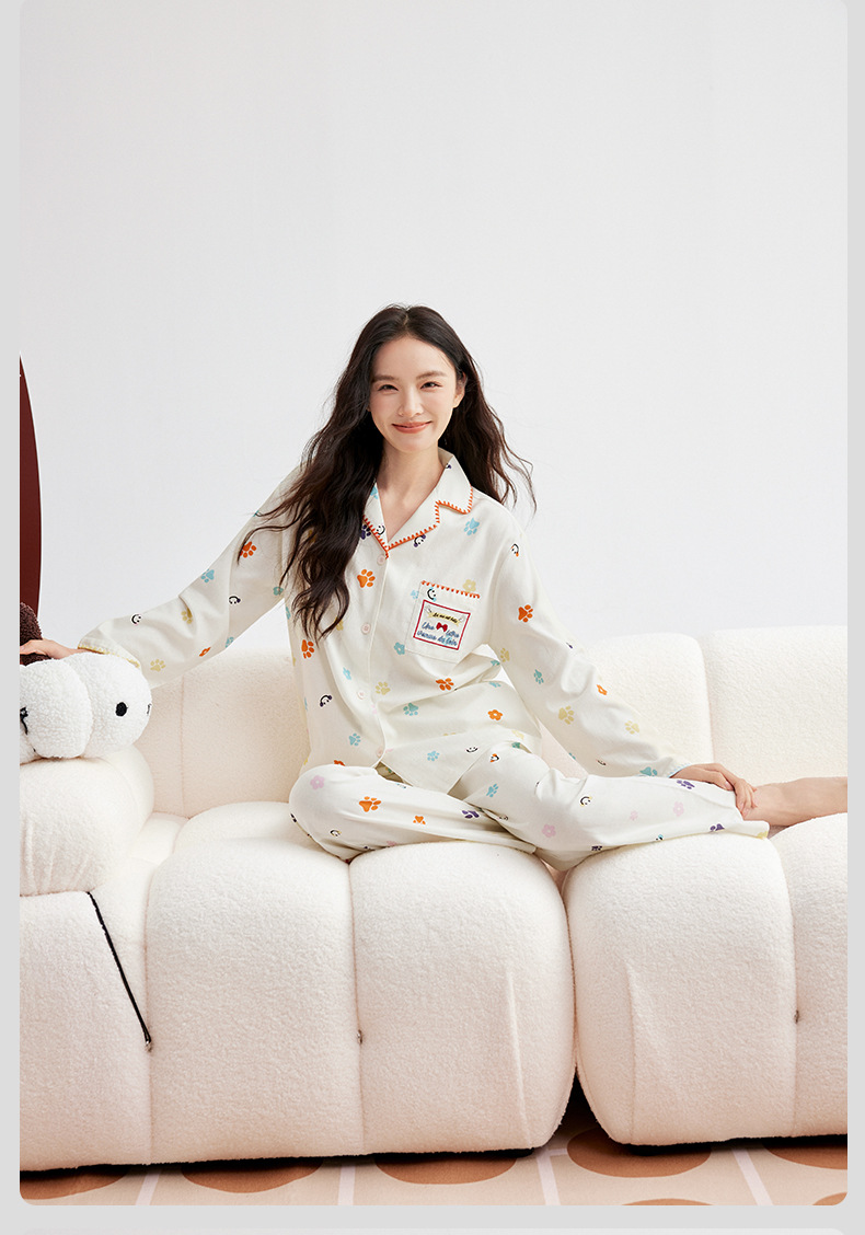 A类天丝棉莱赛尔睡衣女秋猫爪印长袖长裤睡衣春秋女士家居服套装详情25