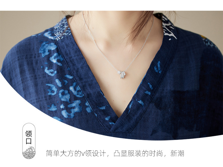 夏季v领薄棉麻大码宽松文艺度假风沙滩裙复古遮肉长款袍子连衣裙详情5
