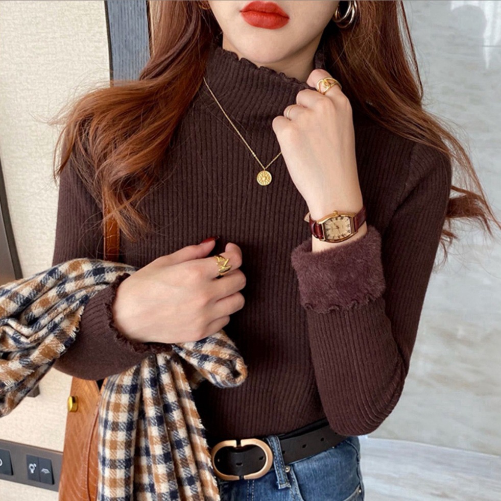 Original quality fleece and thickened one-piece fleece knitted base sweater for women, black ear fringed semi-high-neck sweater for autumn and winter pic 9