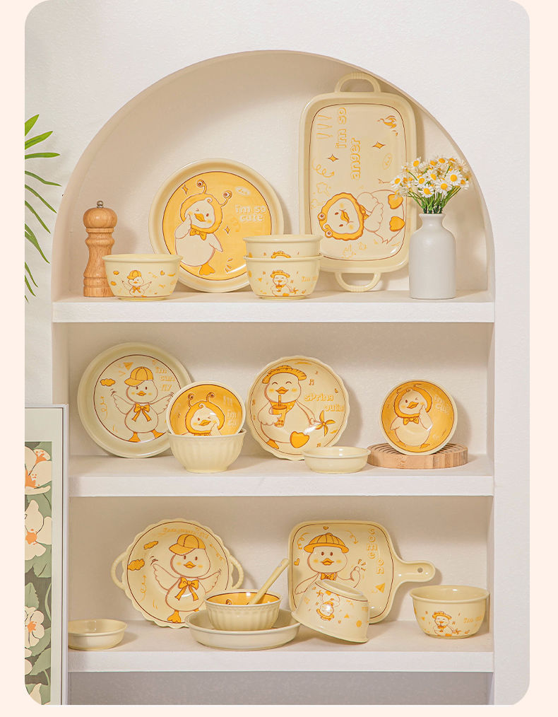 Cute duck cartoon ceramic bowls, plates and tableware on Instagram, high appearance level, cream style double-ear soup bowls, noodle bowls, vegetable plates and tableware pic 14