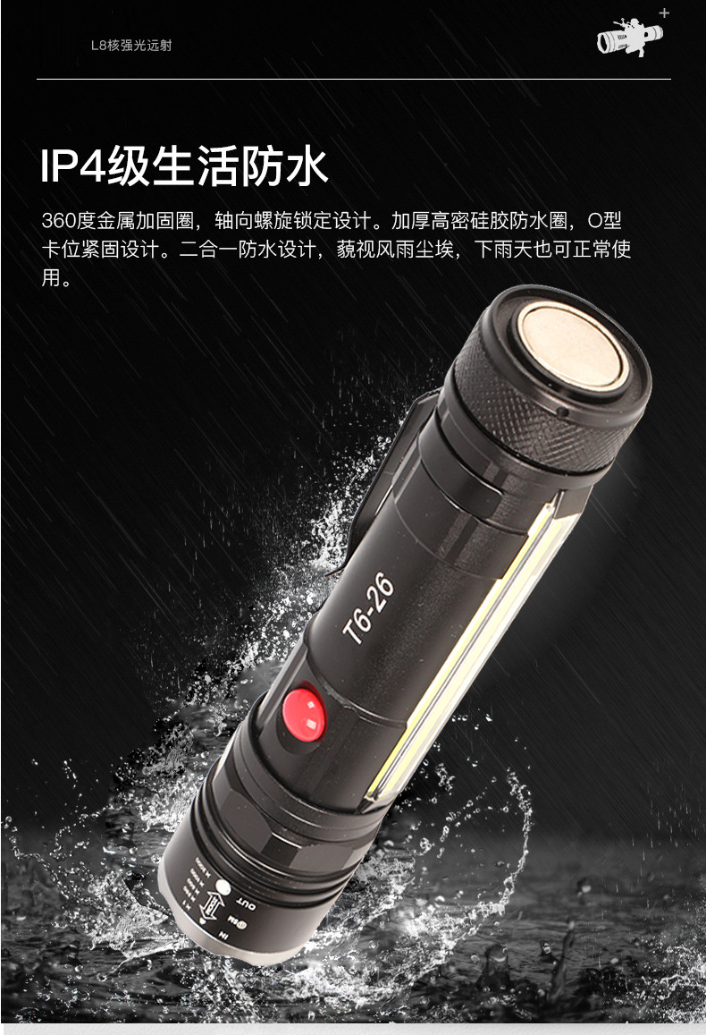 Factory direct sales outdoor high-intensity flashlight, multi-functional USB charging zoom T6, magnetic pen clip at the rear, cob side light pic 17