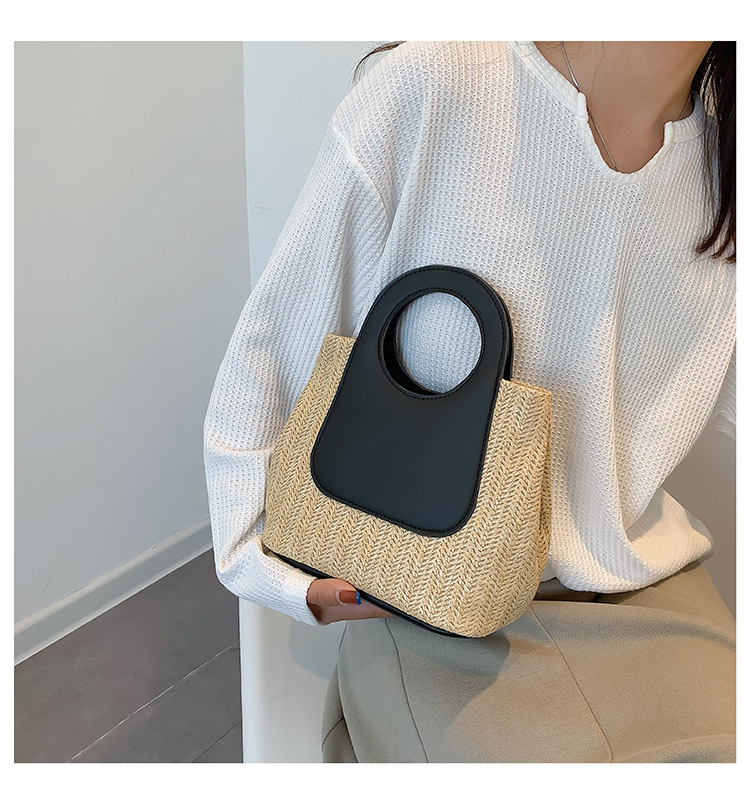 2023夏季复古撞色拼接草编包大容量手工编织包简约时尚单肩手提包详情16