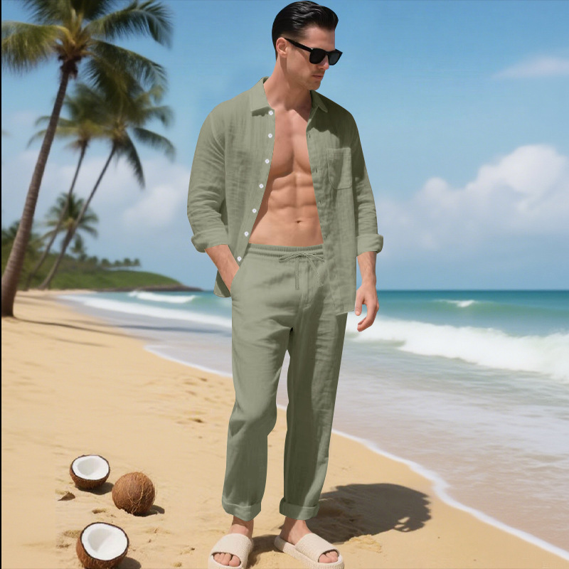 Cross-border European and American men's autumn loose and trendy linen solid color simple lapel long-sleeved shirt beach long pants set pic 48