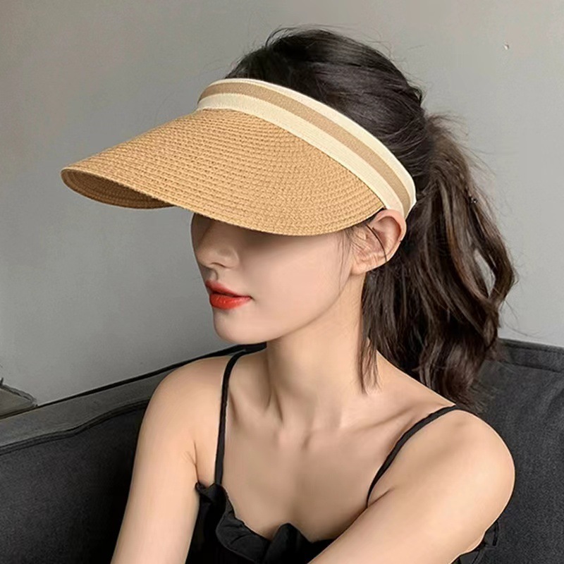 Lafite grass sunshade and sun protection hat, hollow straw hat, summer outing Korean-style straw woven striped versatile UV protection for women pic 4