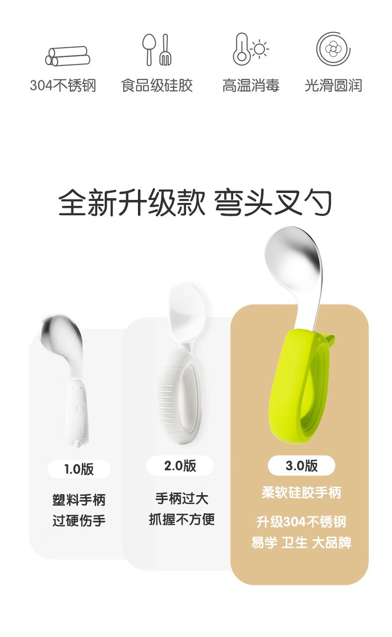 Venta caliente bebé autónomo comer cuchara bebé comer entrenamiento cuchara accesorio acero inoxidable silicona accesorio mango corto tenedor cuchara cross-border ecommerce cubertería de acero inoxidable pic 19