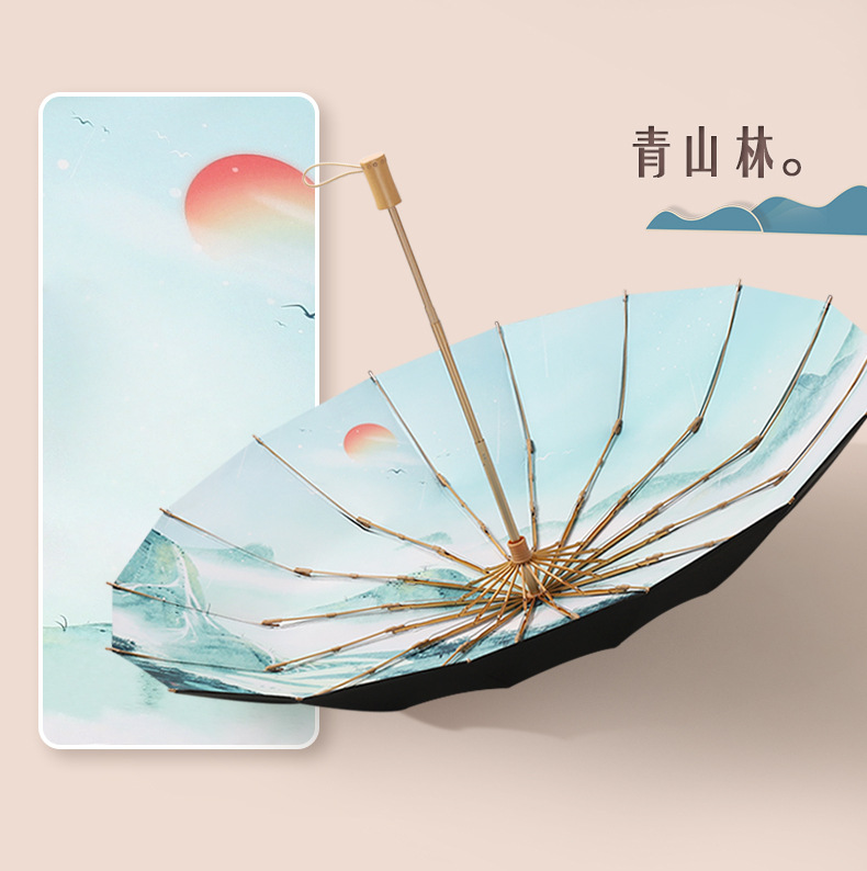 三折16骨手开晴雨伞复古潮流实木手柄遮阳伞黑胶防晒太阳伞可印字详情22