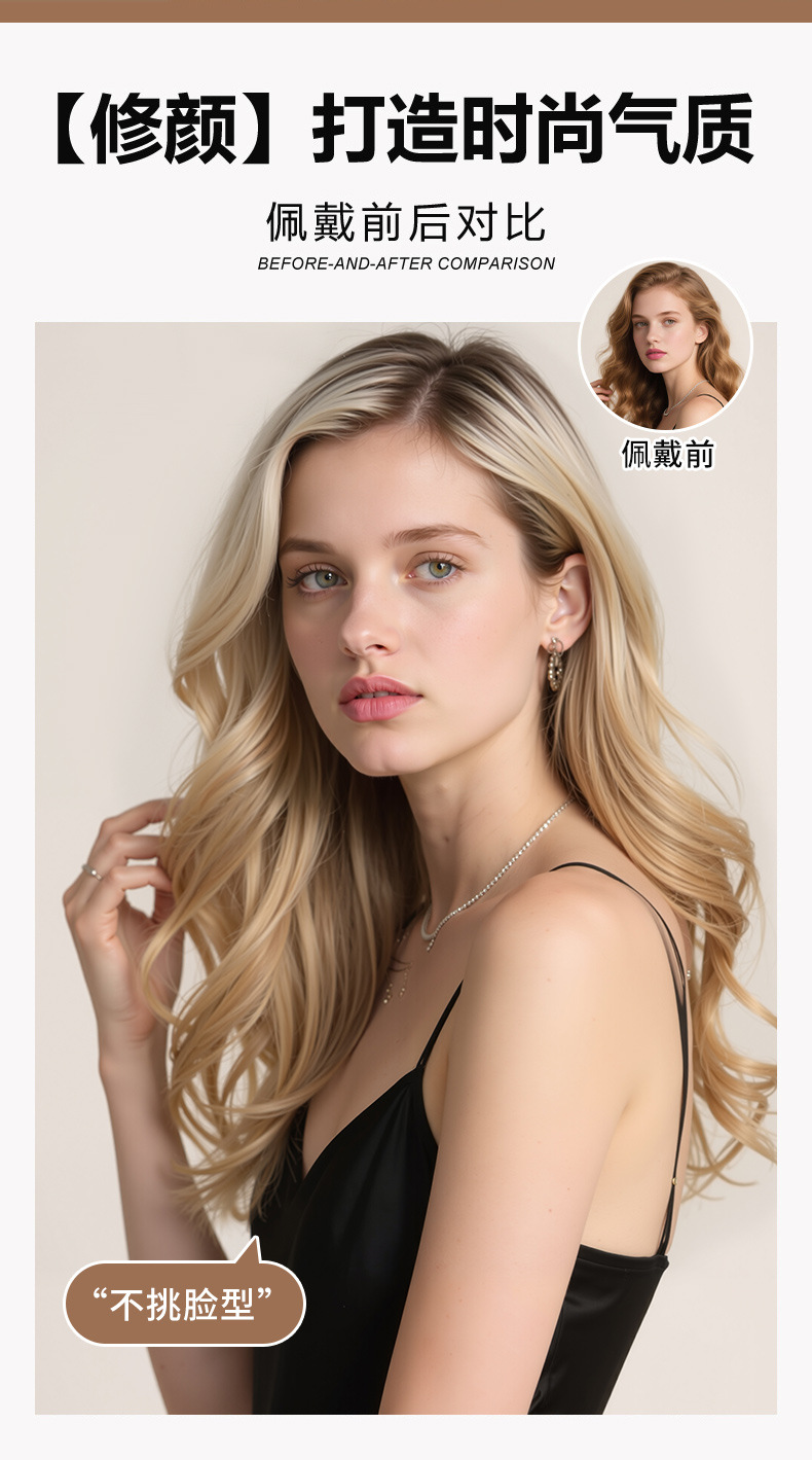 八字刘海中长纹理直发欧美知性假发女机制金色化纤头套层次Wigs详情5