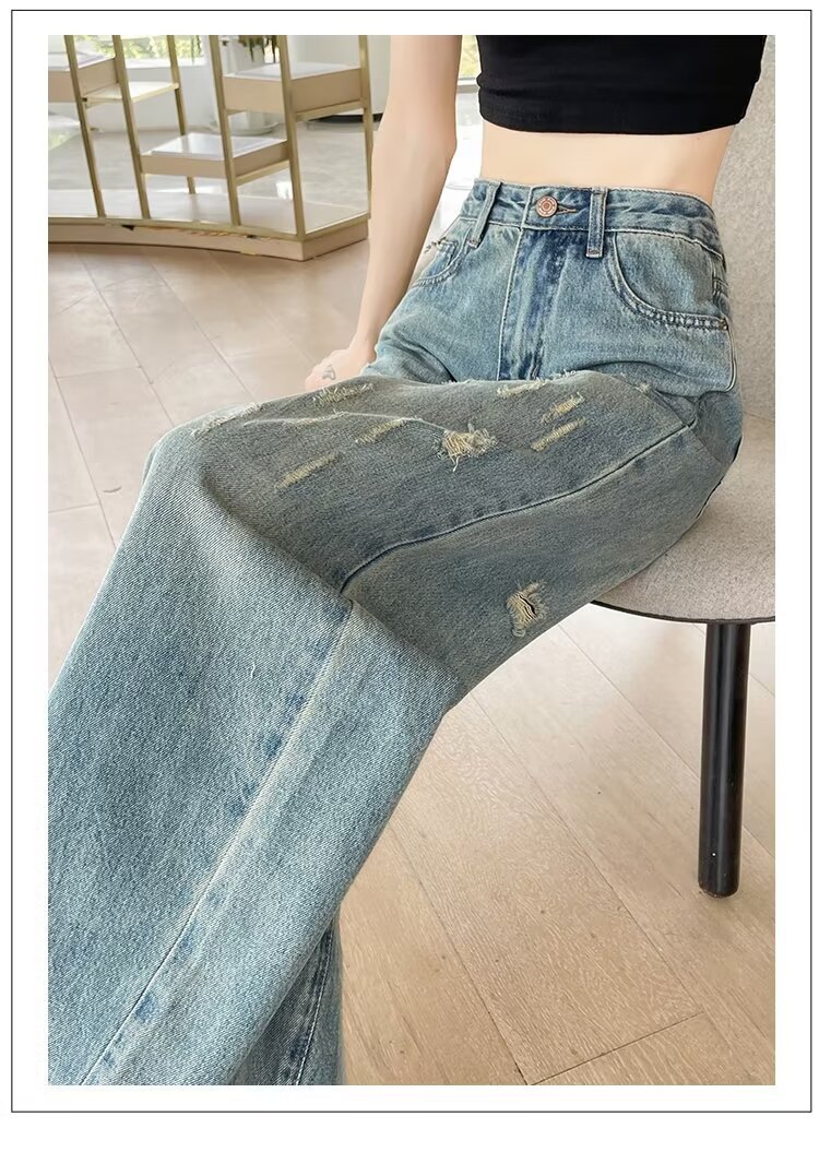 大码复古水洗磨白牛仔裤女春秋新款高腰胖mm宽松显瘦阔腿拖地裤子详情24