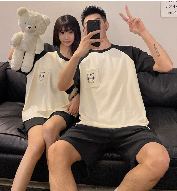 Spring and summer couple short-sleeved pajamas, women with chest pads, cartoon student home wear sets, shorts, stripes, 2025 pic 12